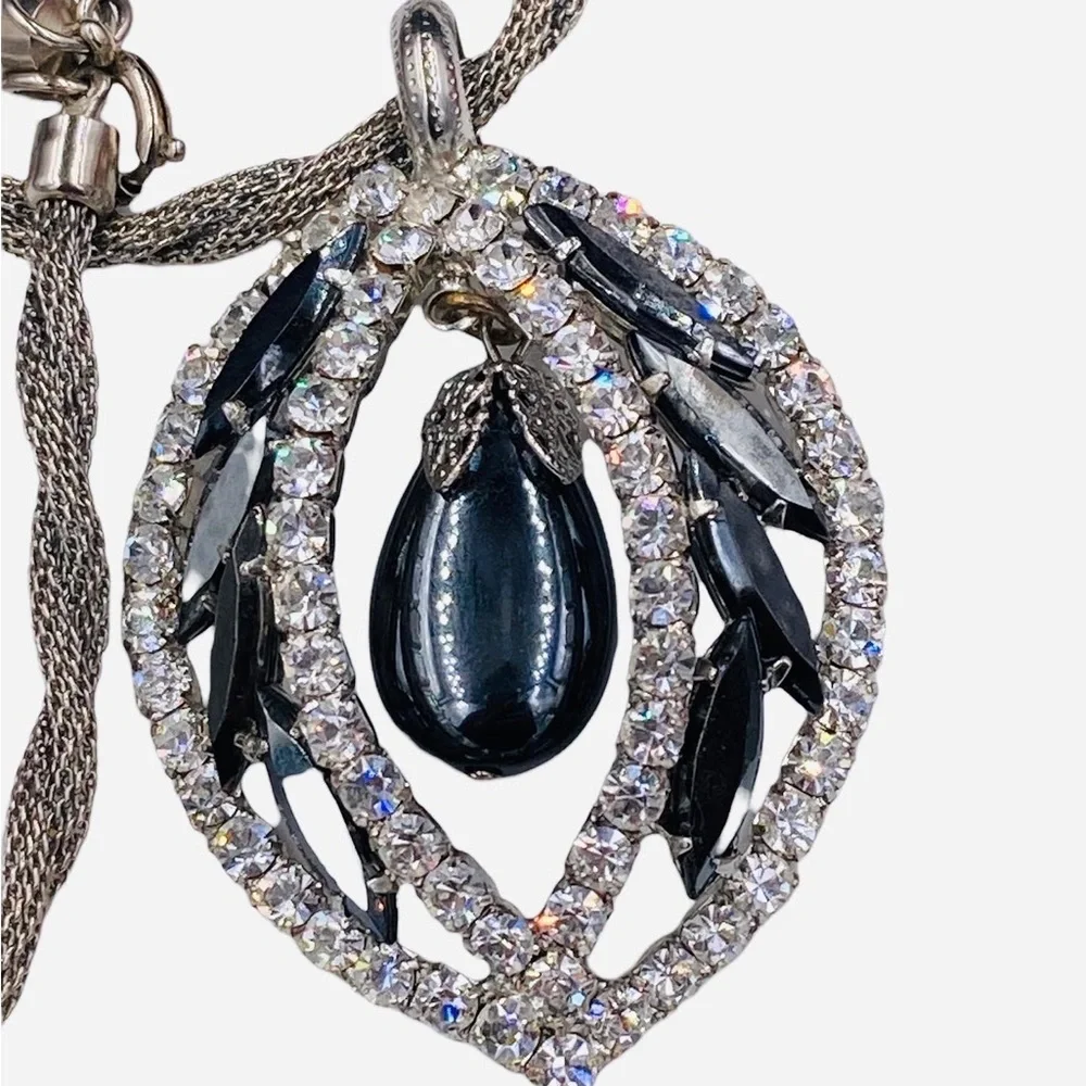 Vintage Juliana Hematite Glass Drop Rhinestone Pendant Necklace